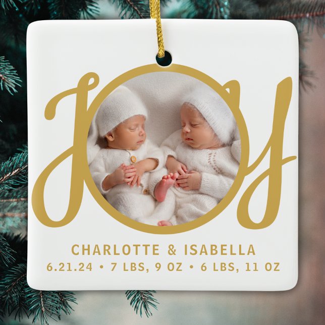 Twins Names Birth Stats Photo Gold Script Keepsake Julgransprydnad Keramik (Skapare uppladdad)
