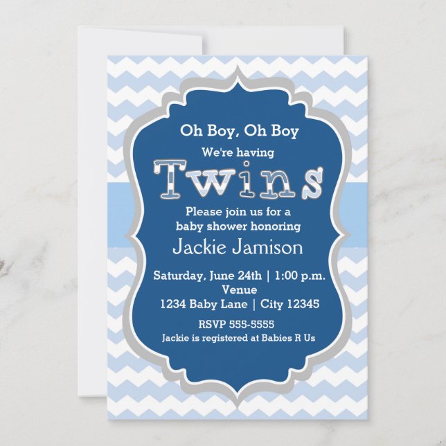 TWINS pojkar Blå Chevron Baby Shower Inbjudan (Framsida)