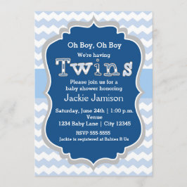 TWINS pojkar Blå Chevron Baby Shower Inbjudan