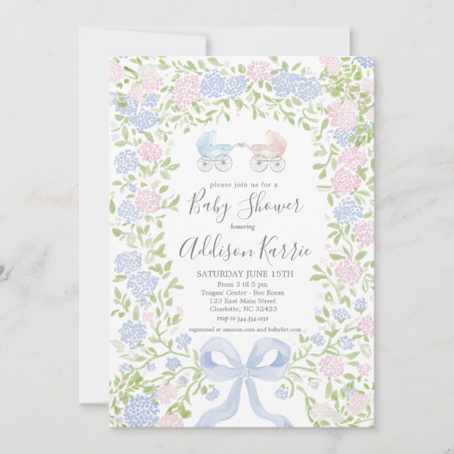 Twins shower, baby carriage shower invitation inbjudningar (Framsida)