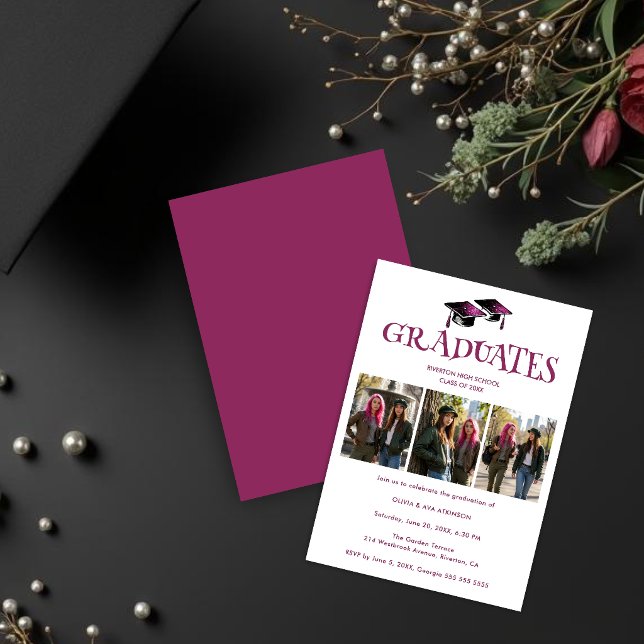 Twins Siblings Burgundy Plum Grads Photo TMF26 Inbjudningar (Photo TMF26
Twins or Siblings Burgundy Plum Graduation Invitation with Modern Inkprint Style.)