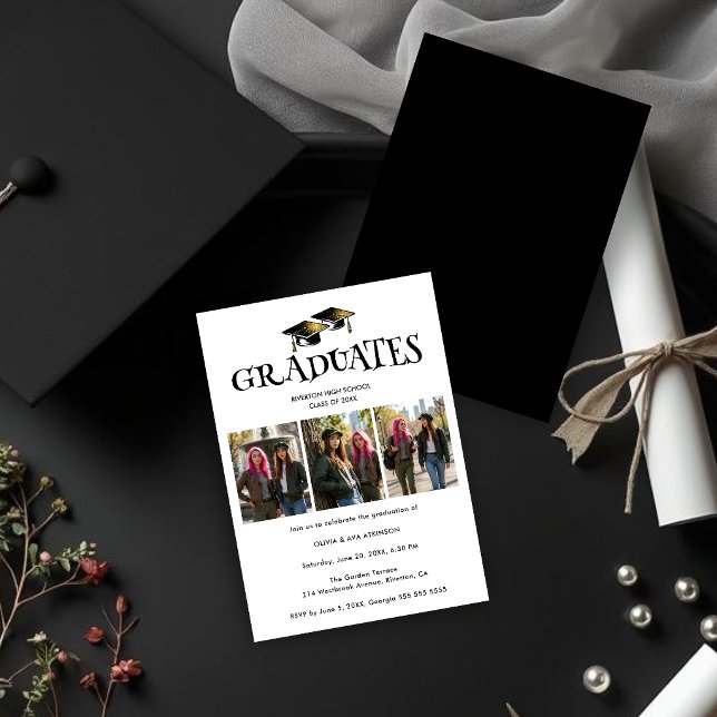 Twins Siblings Modern Black Grads Photo TMF26 Inbjudningar (Twins or Siblings Black & White Graduation Invitation with Modern Inkprint Style.)
