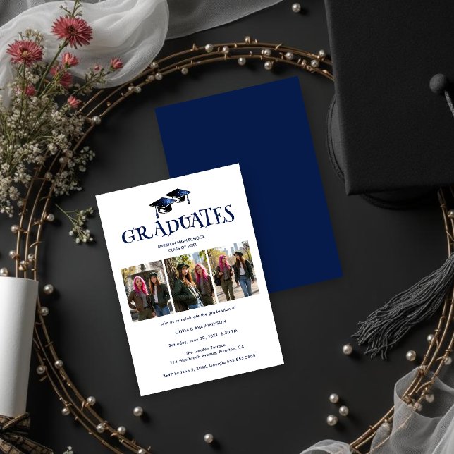 Twins Siblings Modern Dark Blue Grads Photo TMF26 Inbjudningar (Twins or Siblings Dark Blue Graduation Invitation with Modern Inkprint Style.)