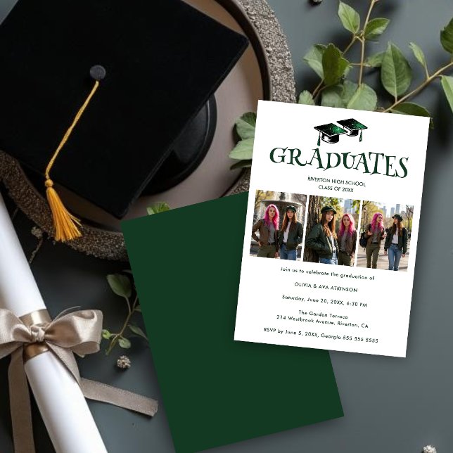 Twins Siblings Modern Dark Green Grads Photo TMF26 Inbjudningar (Twins or Siblings Dark Green Graduation Invitation with Modern Inkprint Style.)