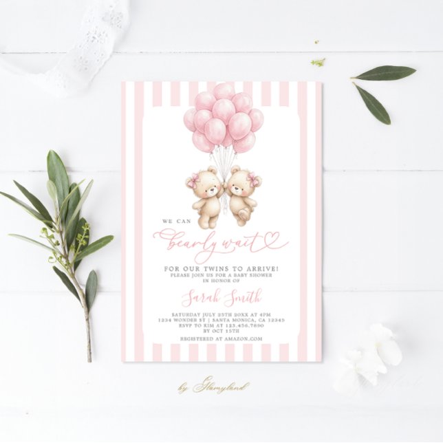 Twins Teddy Bear Baby Shower Girl Invitation Inbjudningar (Skapare uppladdad)