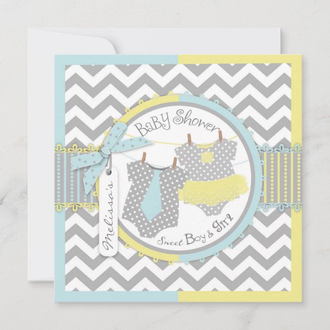 Twins Tie Tutu Chevron Baby Shower Inbjudningar (Framsida)