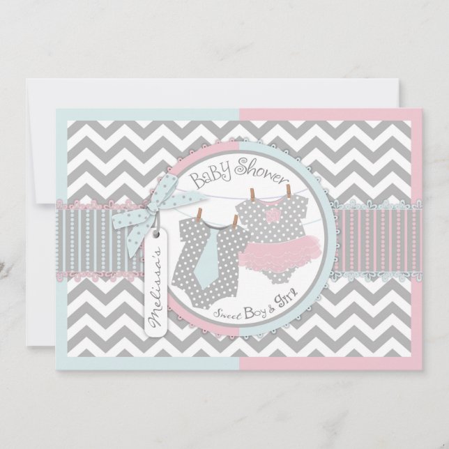 Twins Tie Tutu Chevron Baby Shower Inbjudningar (Framsida)