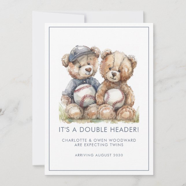Twins Watercolor Teddy Bears Pregnancy Meddelande (Framsida)
