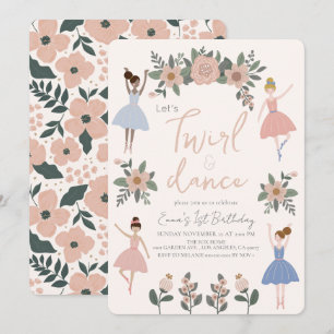 Twirl & Dance Ballerina Blommigt Girl 1 Birthday Inbjudningar