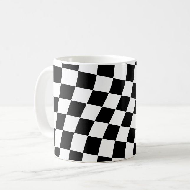 Twisted Black and White Checkered Square Mönster Kaffemugg (Framsida vänster)