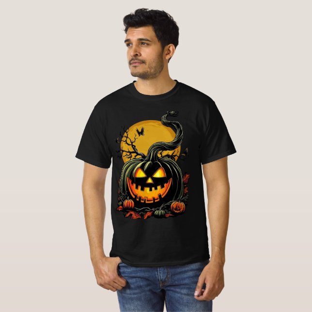 Twisted Grinning Pumpkin Halloween Design T Shirt (Hel framsida)