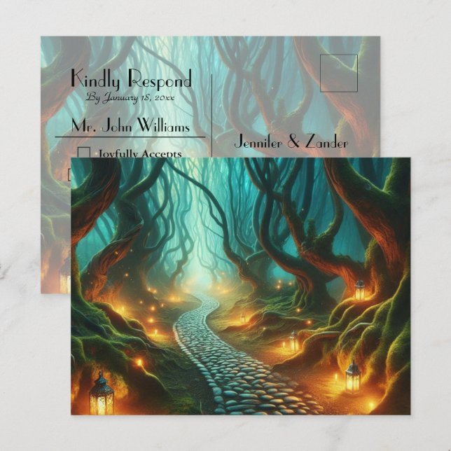 Twisted Woodland Lantern Path Bröllops-svar Inbjudan Vykort (Fram/baksida)