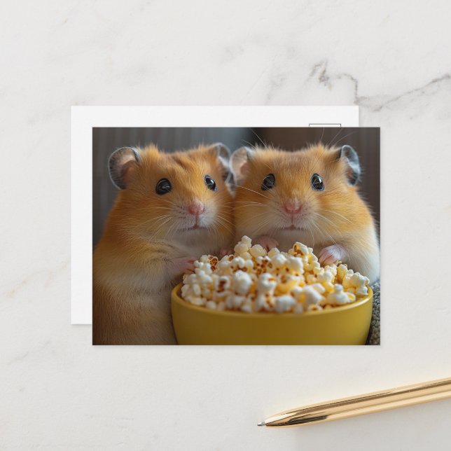 Two Adorable Hamsters With a Large Popcorn Bowl Vykort (Fram/Back In Situ)