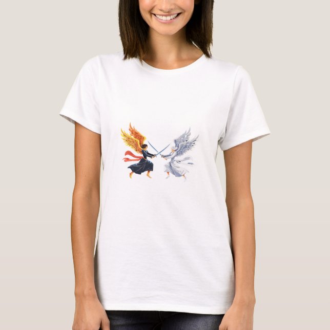 Two Angel with large sword with open wings T Shirt (Framsida)
