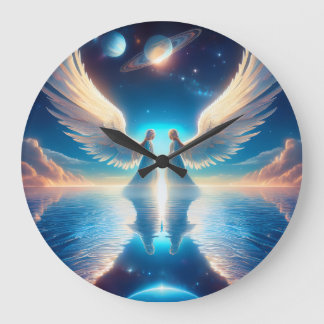 Two Angels with Large Wings Facing Each Other on a Stor Klocka