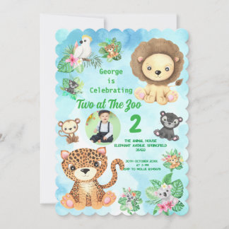 Two at The Zoo Jungle Animals Kids Birthday Photo Inbjudningar