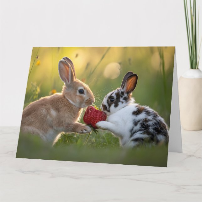 Two Baby Rabbits Sharing a Large Ripe Strawberry Kort (Framsida)