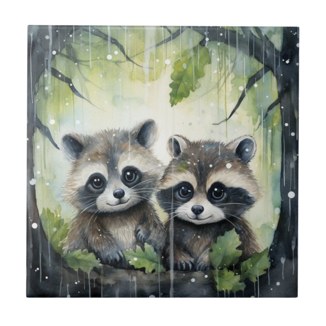 Two Baby Raccoons in the Rain Kakelplatta (Framsidan)