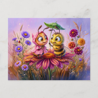 Two bees meeting on flower during cheerful rain vykort
