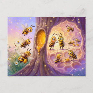 Two bees returning with pollen in comic illustrati vykort
