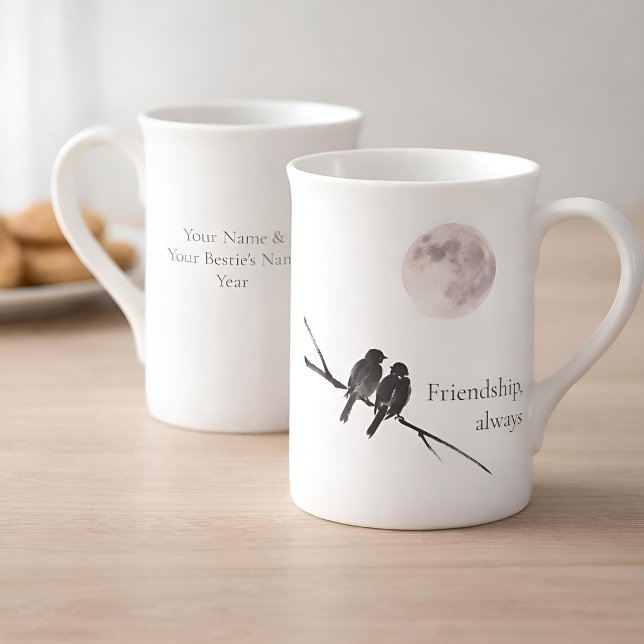 Two Birds Sumi-E | Vänskap, Alltid | Galentines Benporslin Mugg (Placeholder text - customise it!)