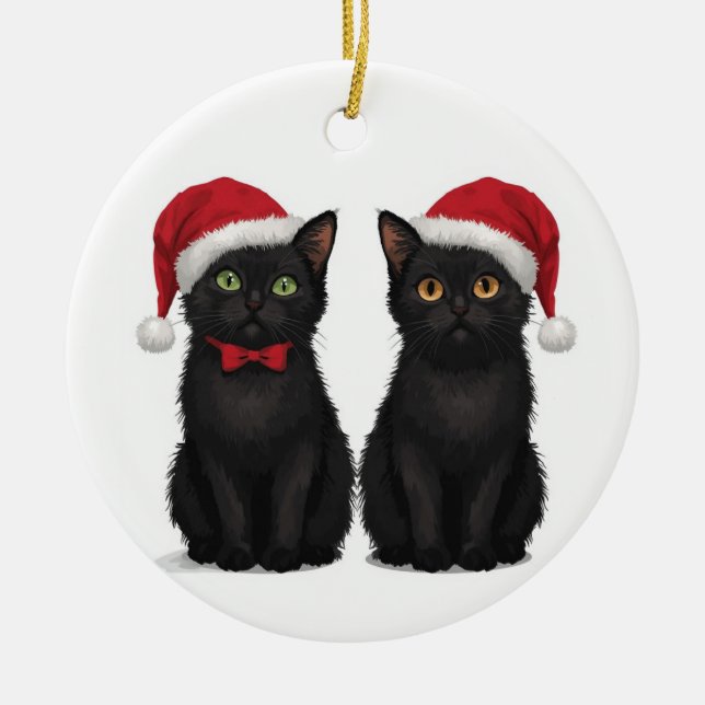 Two Black Kittens Santa Hat Christmas Julgransprydnad Keramik (Framsidan)