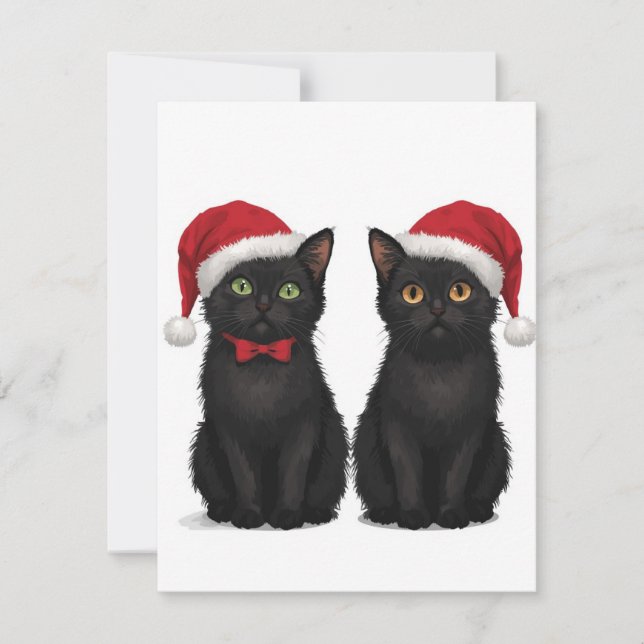 Two Black Kittens Santa Hat Christmas Julkort (Framsida)