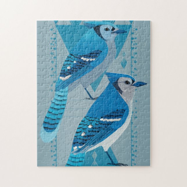 Two blue jays with geometric background pussel (Vertikal)