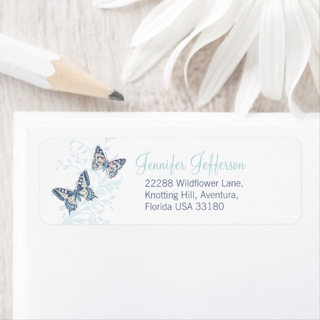 Two butterflies inked blue wedding returadress etikett (Insitu)