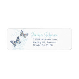 Two butterflies inked blue wedding returadress etikett