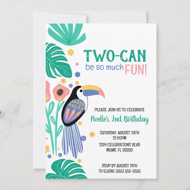 TWO-CAN (Toucan) Tropical Birthday Inbjudningar (Framsida)