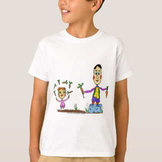 Two cartoon characters juggling carrots. t shirt