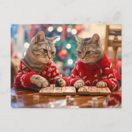 Two cats in red sweaters with festive background helg vykort