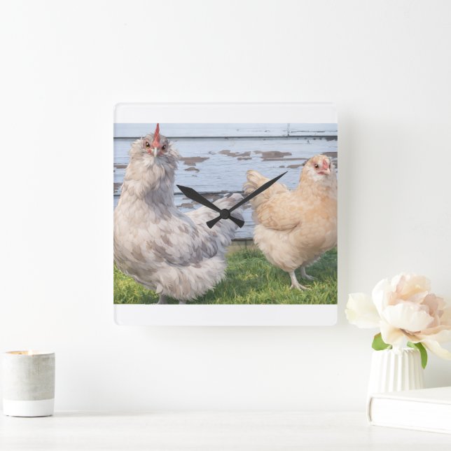 Two Chickens Farmhouse Kitchen Wall Clock Fyrkantig Klocka (Hem)