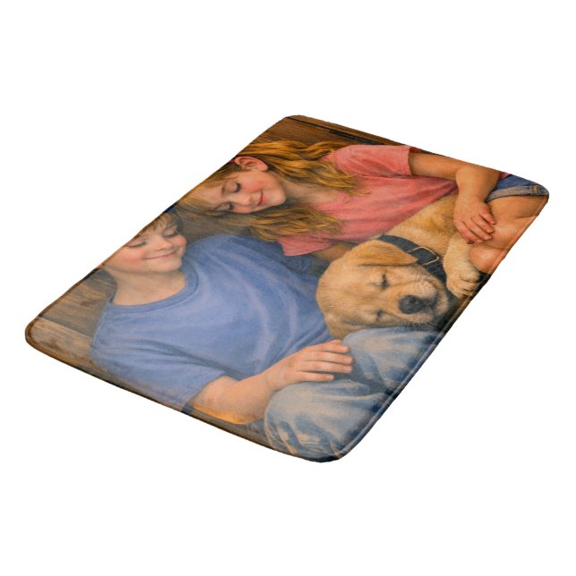 Two Children with Sleeping Puppy –  Bath Mat Badrumsmatta (Vinklad)