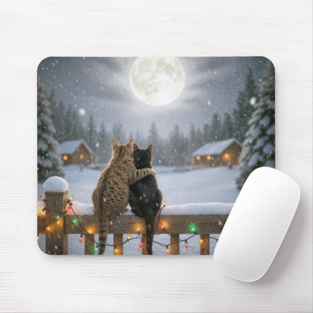 Two Christmas Cats Snuggling on a Snowy Fence Musmatta (Med mus)