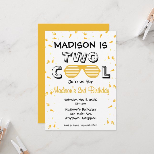 TWO Cool Sunglass 2nd Birthday Party Inbjudningar (Fram/Back In Situ)