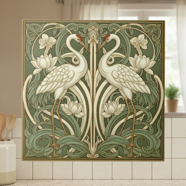 Two Cranes Art Nouveau Pat#10 Olive Ivory ID1193 Kakelplatta (Skapare uppladdad)