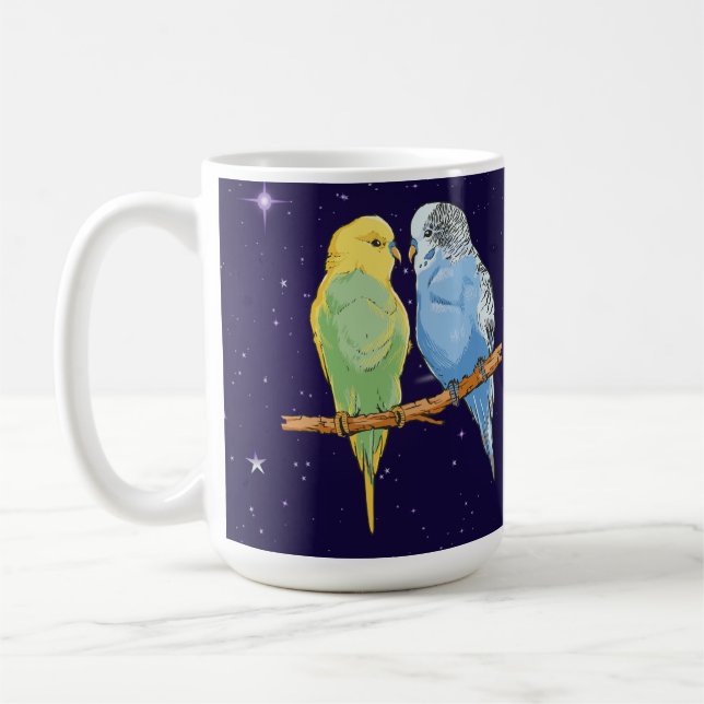 Two cute blue and green Budgie Kaffemugg (Vänster)