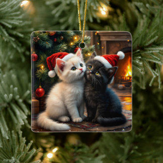 Two cute Christmas kitten with Santa hats Julgransprydnad Keramik