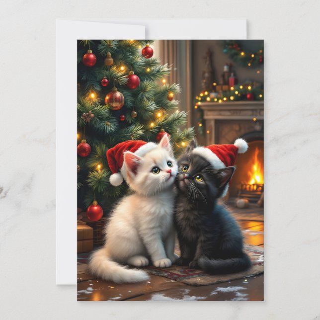 Two cute Christmas kitten with Santa hats Julkort (Framsida)