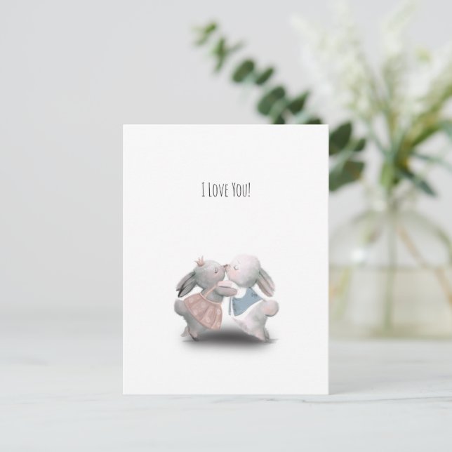 Two Cute Rabbits Sweet Valentine Love Card Vykort (Stående Fram)