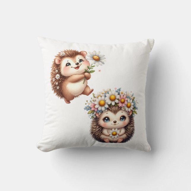 Two Cute Romantic Floral Hedgehog Couple Throw Pil Kudde (Framsida)