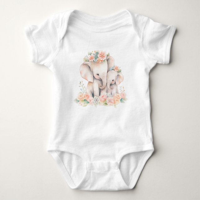 Two Elephants Snuggled with Floral Wreath T Shirt (Framsida)