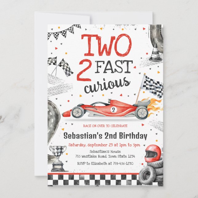Two Fast 2 Curious Race Car Boy 2nd Birthday Inbjudningar (Framsida)