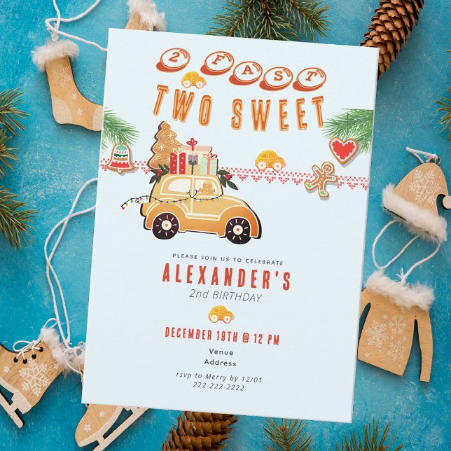 Two Fast Christmas Gingerbread Car B 2nd Birthday Inbjudningar (Two Fast Two Sweet Christmas Gingerbread Car Blue Boy 2nd Birthday Festive December Winter Invite)