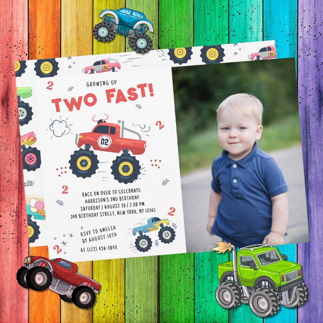 Two Fast Monster Truck 2-års födelsedagsfoto Inbjudningar (Skapare uppladdad)