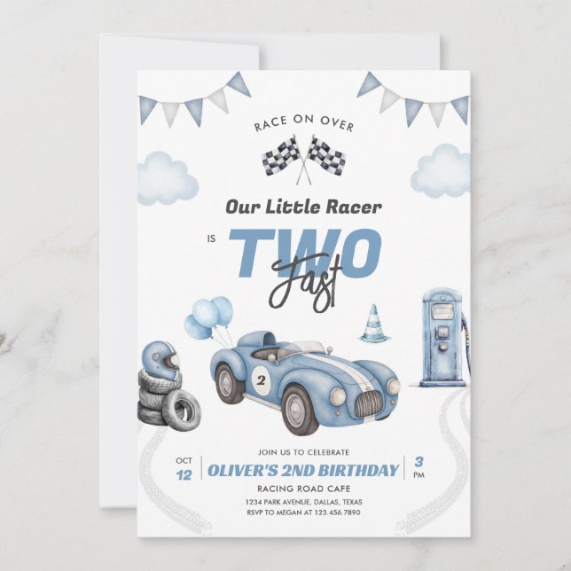 Two Fast Race Car Boy 2nd Birthday Invitation Inbjudningar (Framsida)
