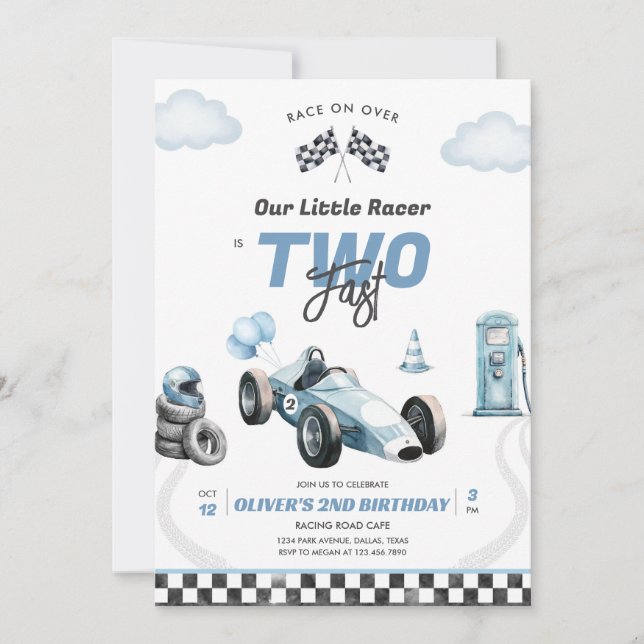 Two Fast Race Car Boy 2nd Birthday Invitation Inbjudningar (Framsida)