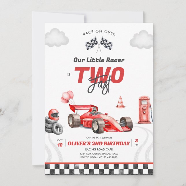 Two Fast Race Car Boy 2nd Birthday Invitation Inbjudningar (Framsida)